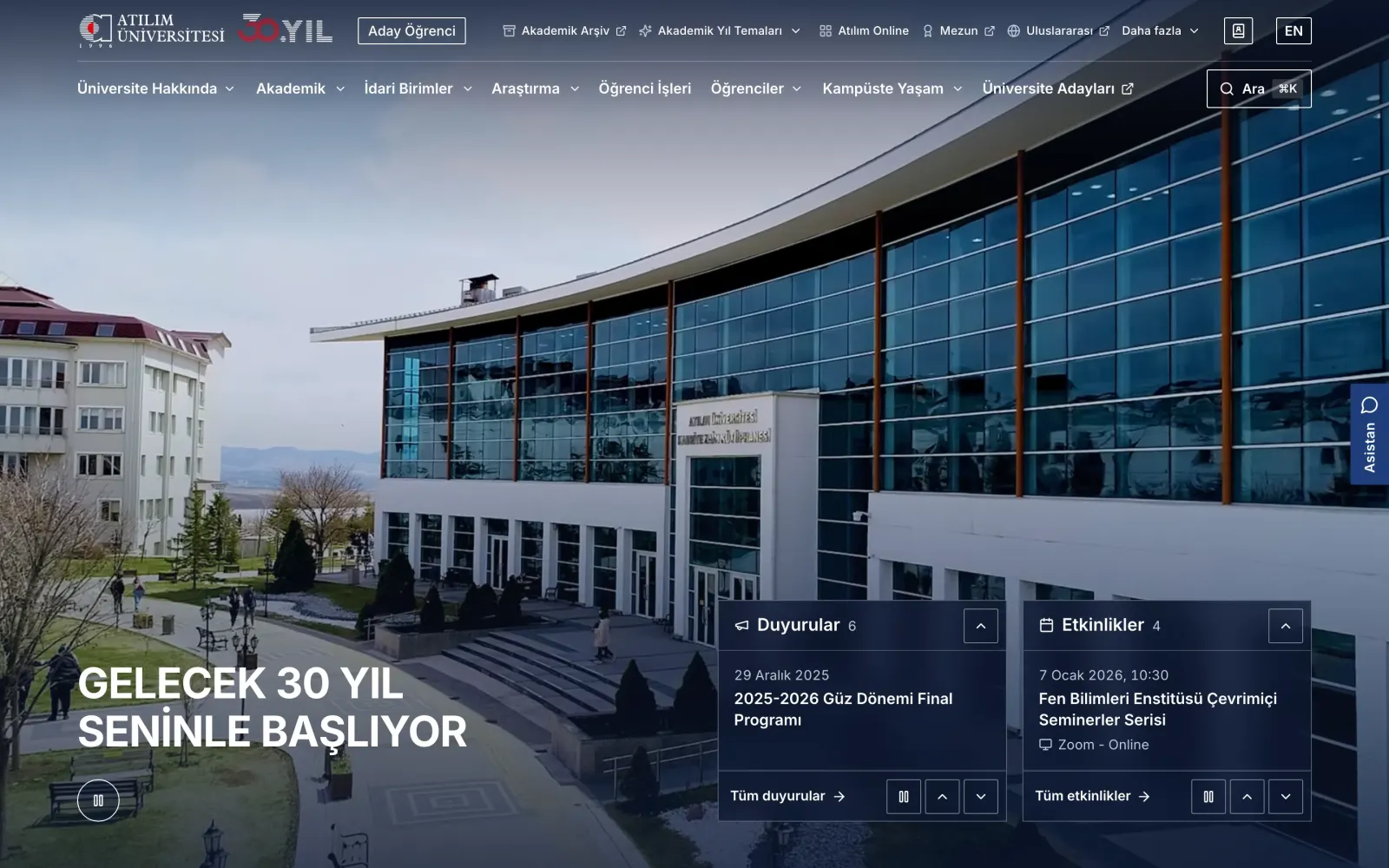 Atılım University website, v3 theme home page: campus photo with announcement and event panels