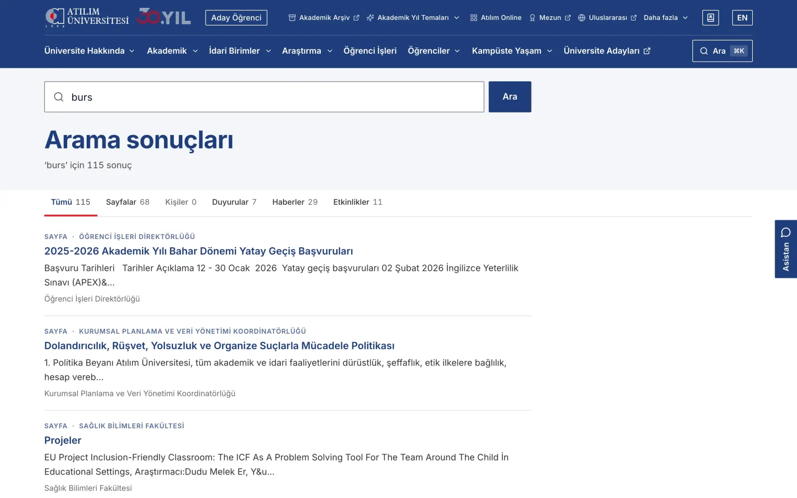 Site search, with tabs by content type.