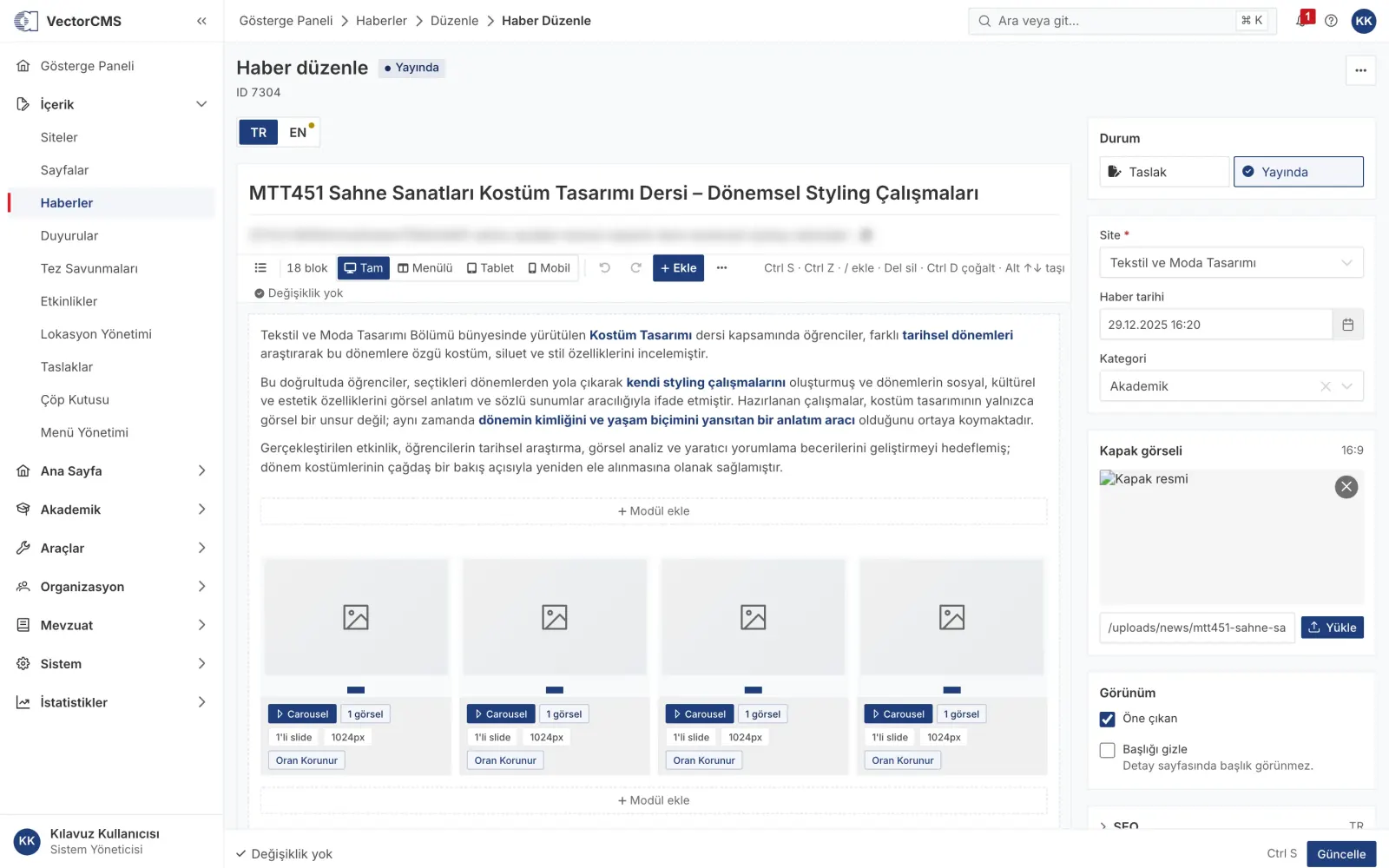 News editing and side column settings.