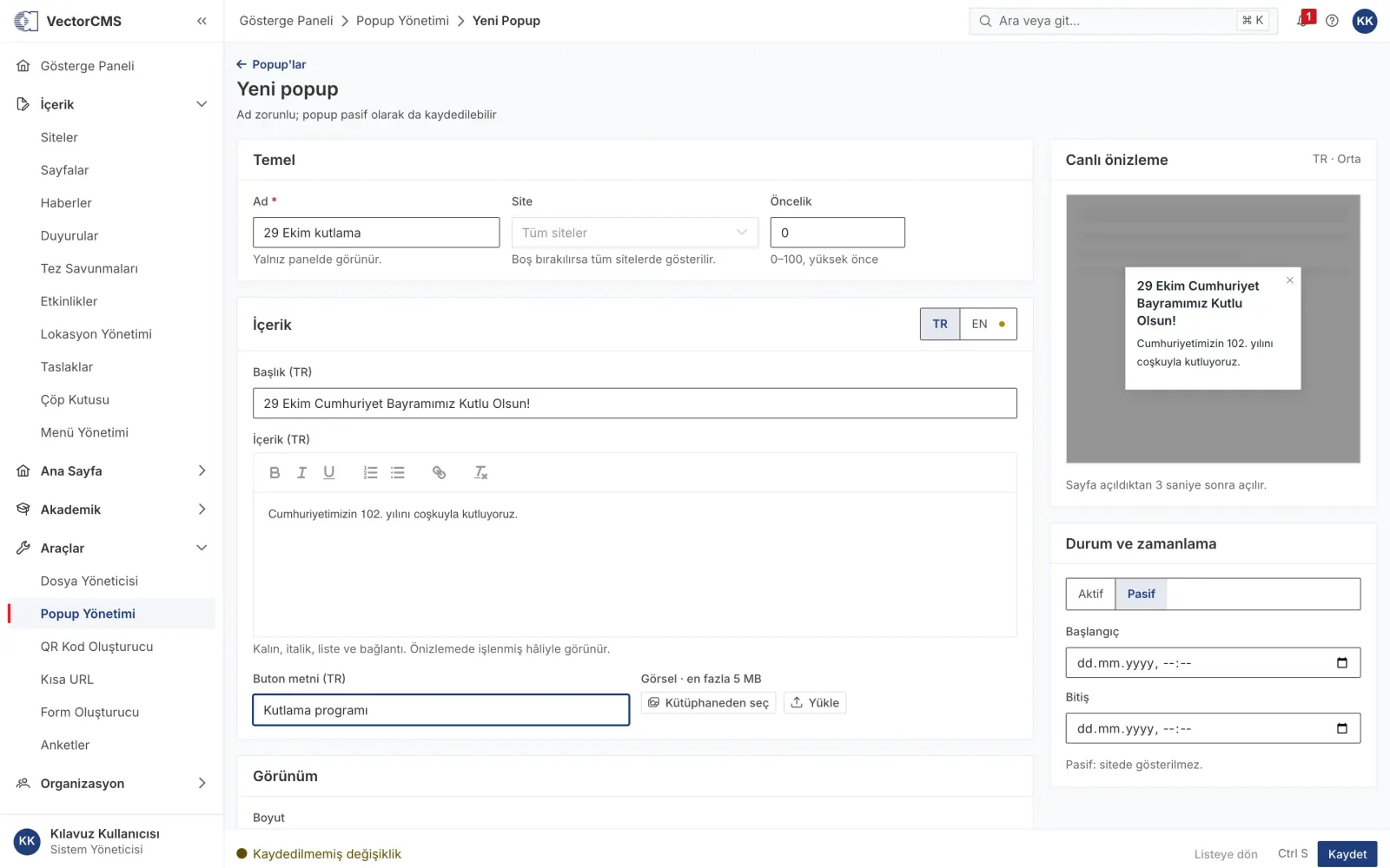 Popup form with live preview.