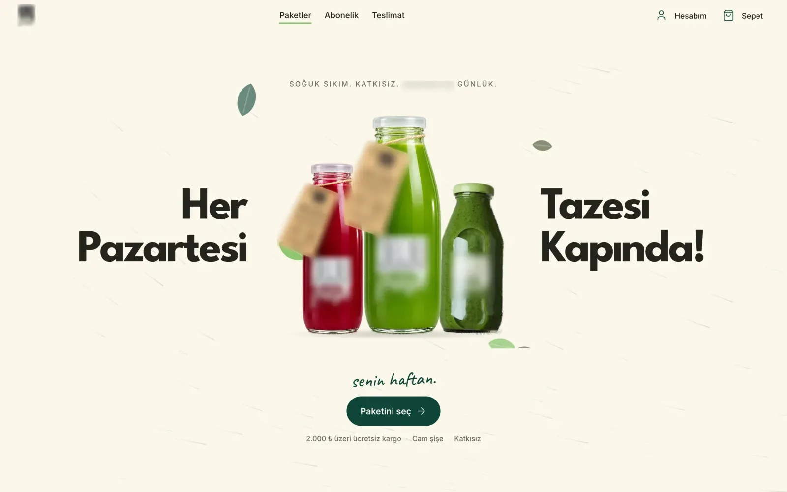 Home page opening: three bottles and a choose-your-pack button