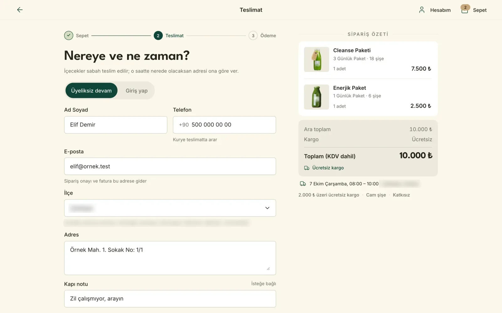 Delivery step of checkout: contact and address form, order summary alongside