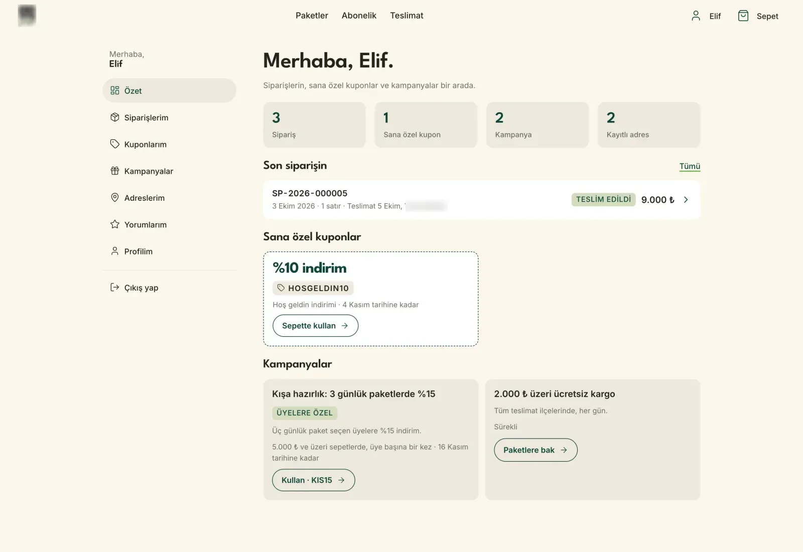 Member dashboard: last order, personal coupon, campaigns.