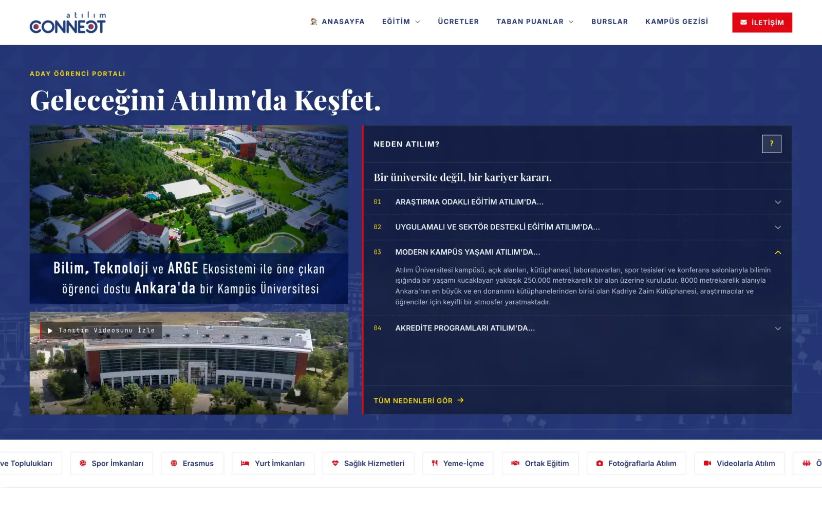 Atılım Connect prospective student portal home page: campus images and the "Why Atılım?" list