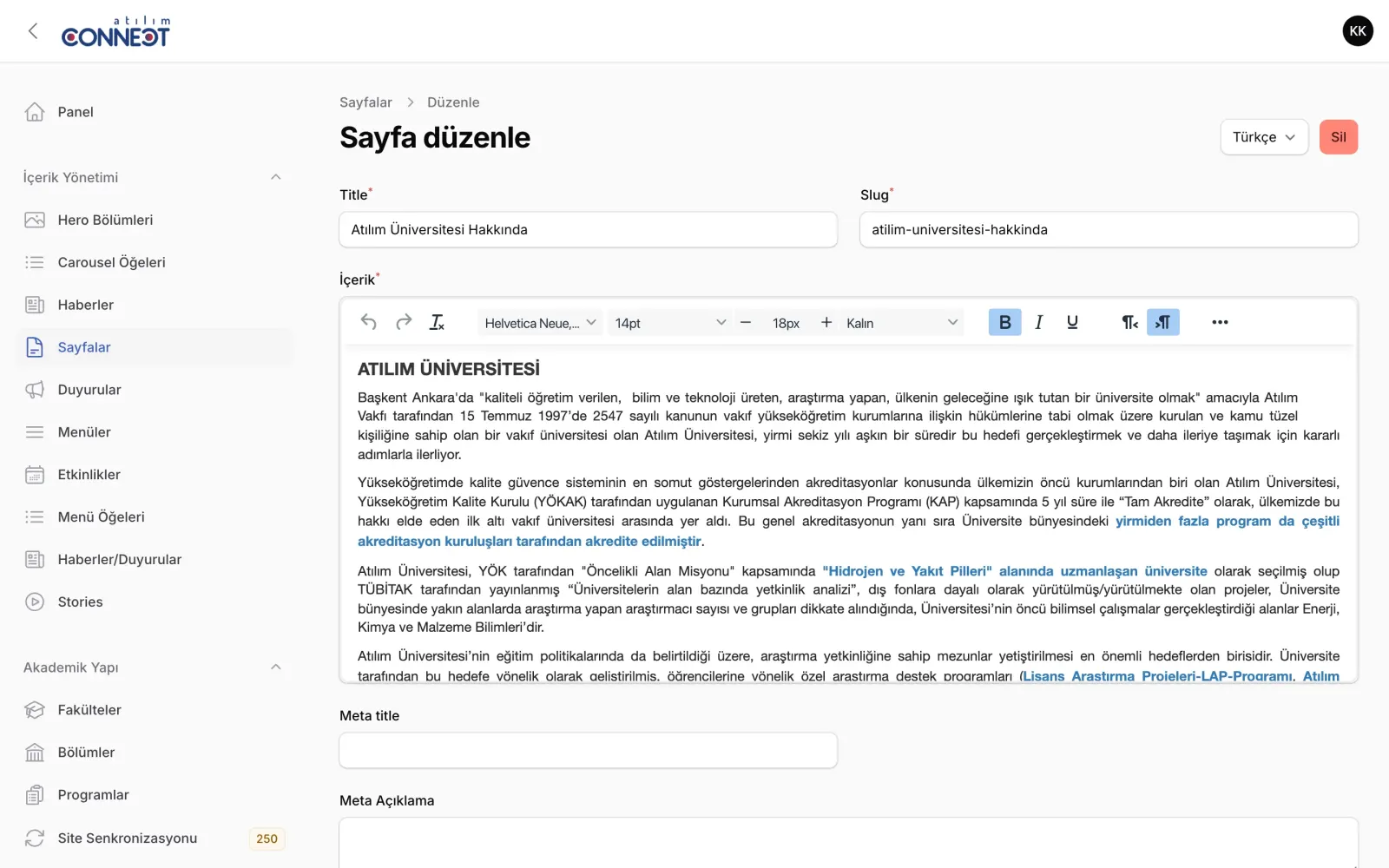 Atılım Connect admin panel, content editor