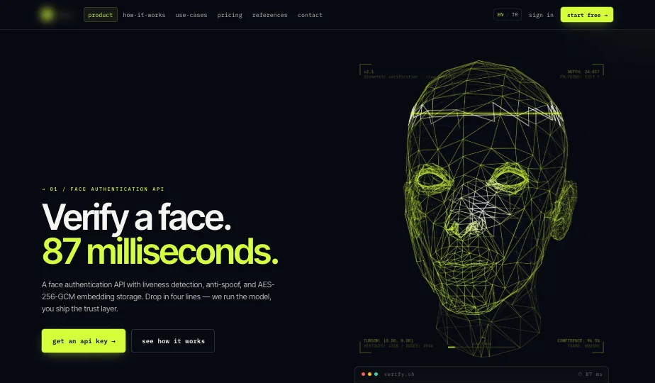 Redesign proposal, opening: a face mesh drawing and the verification API headline