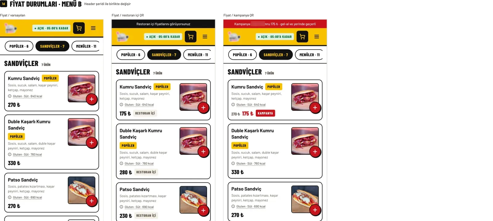 Menu on a phone, three price states side by side: standard, in-restaurant and campaign