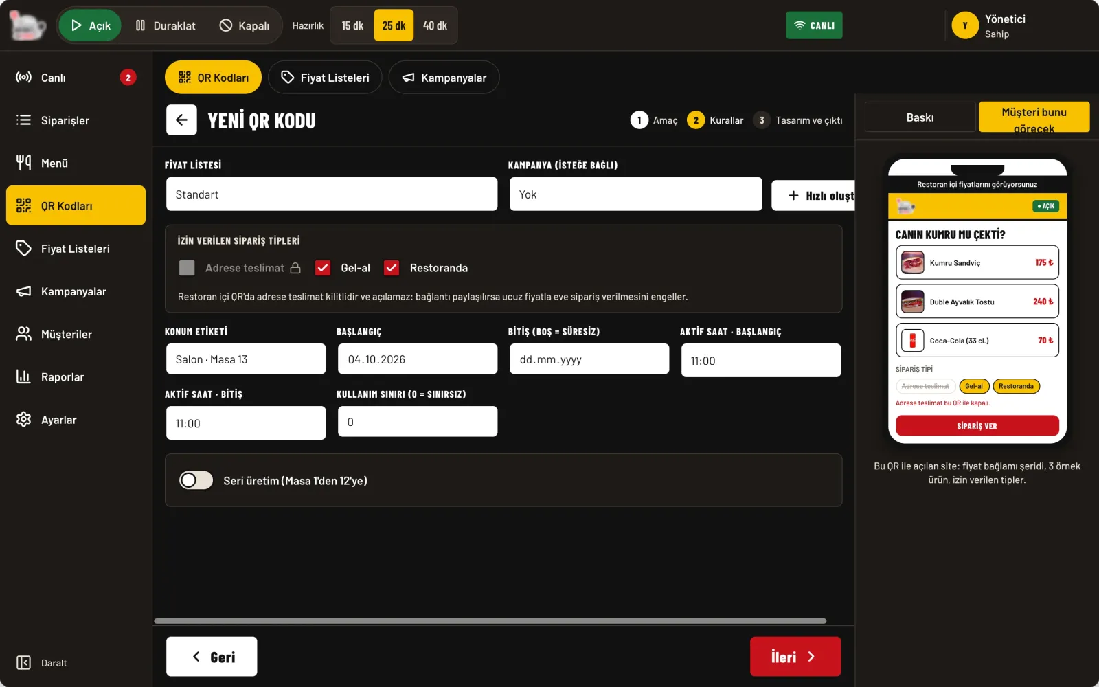 New QR code form: price list, allowed order types and customer preview