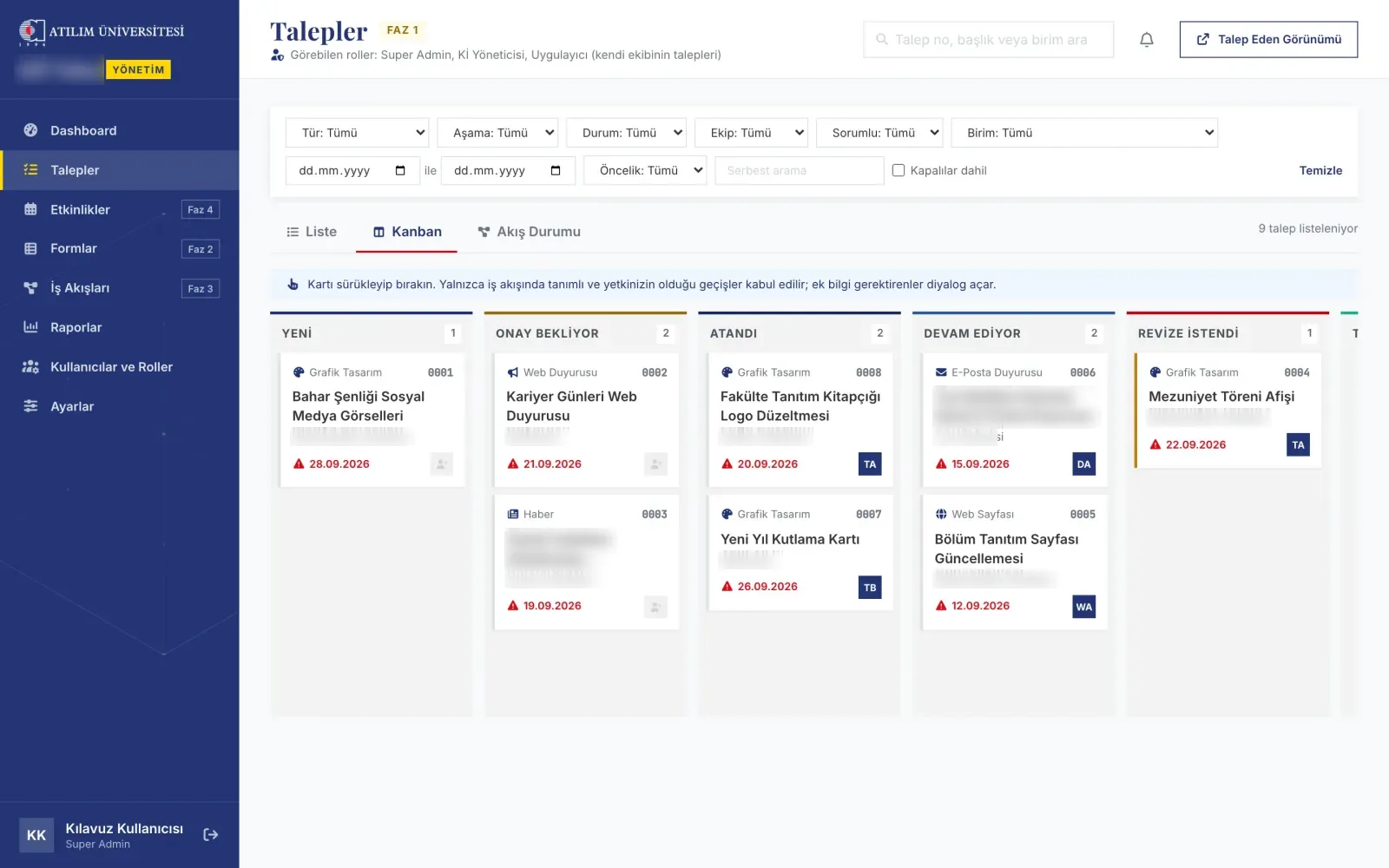 Requests on a kanban board, in status columns
