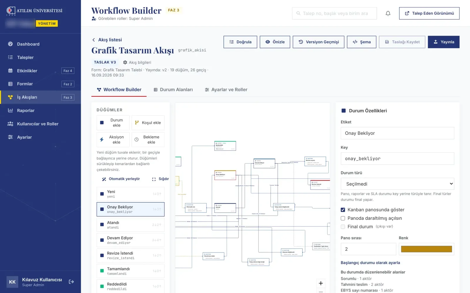 Workflow editor: node list, flow diagram and status properties panel